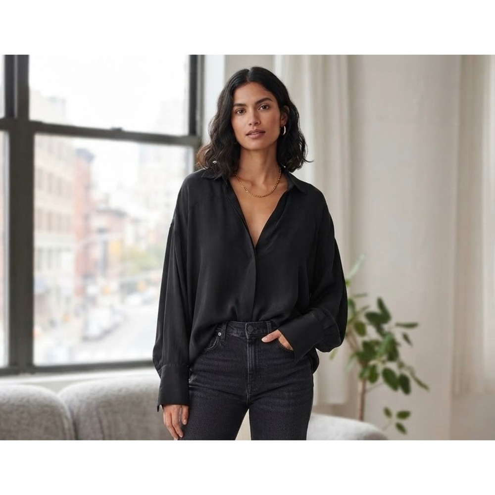 Maeve Anthropologie Black V-Neck Long Sleeve Oversized Blouse Top XL